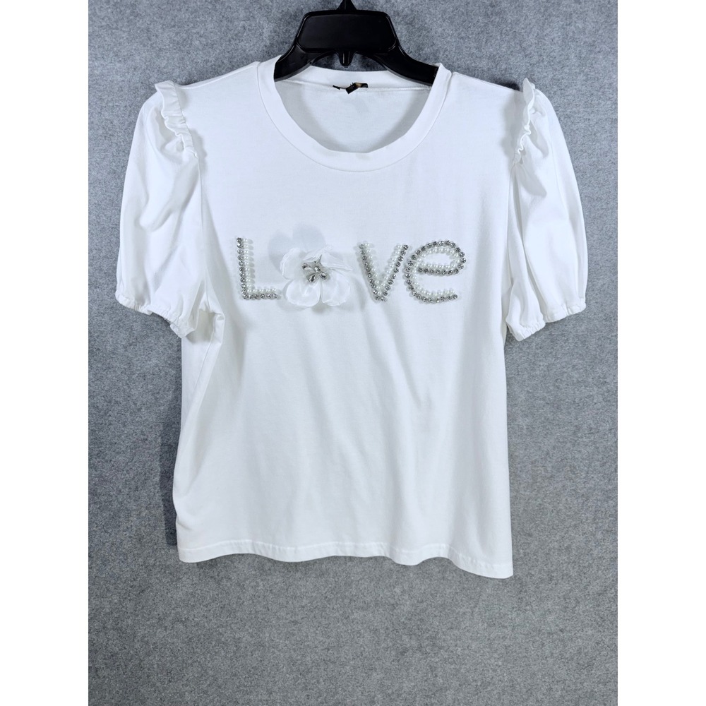 Ontwelfth Womens White Pearl Rhinestone Love Graphic Puff Sleeve Top XL